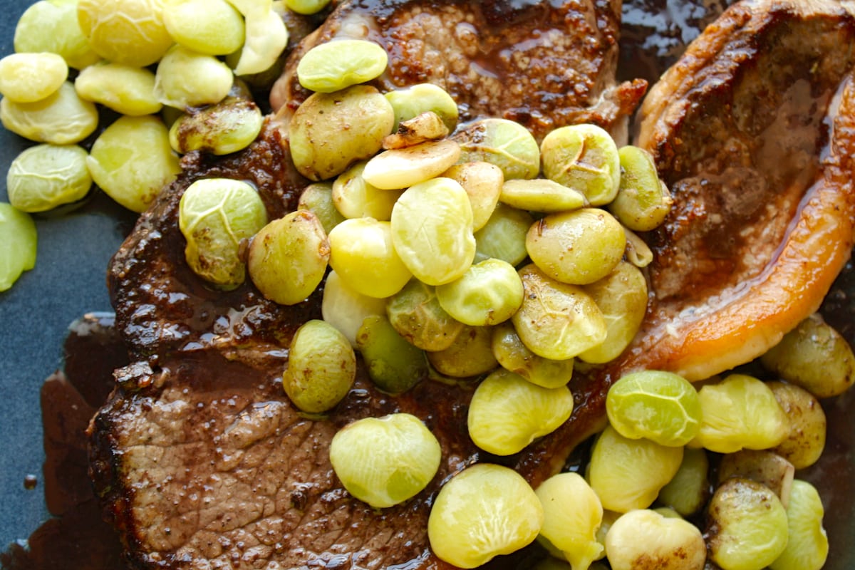 steak with red wine reduction and lima beans